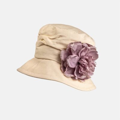Cappello Cloche in Cotone Panna con Decorazione Floreale - Lilla
