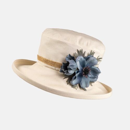 Cream Boned Hat with Flower Decoration - Blue Anemone