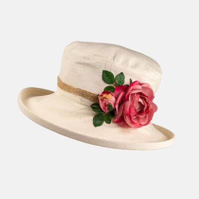 Cream Boned Hat with Flower Decoration - Pink Mix