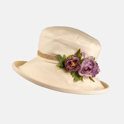 Cream Boned Hat with Flower Decoration - Lilac Mix