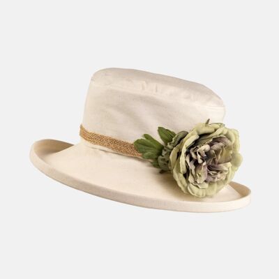 Cream Boned Hat with Flower Decoration - Sage