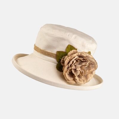 Cream Boned Hat with Flower Decoration - Vintage Tea