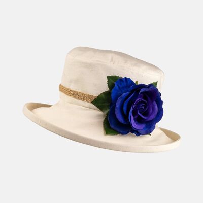 Cream Boned Hat with Flower Decoration - Blue Rose