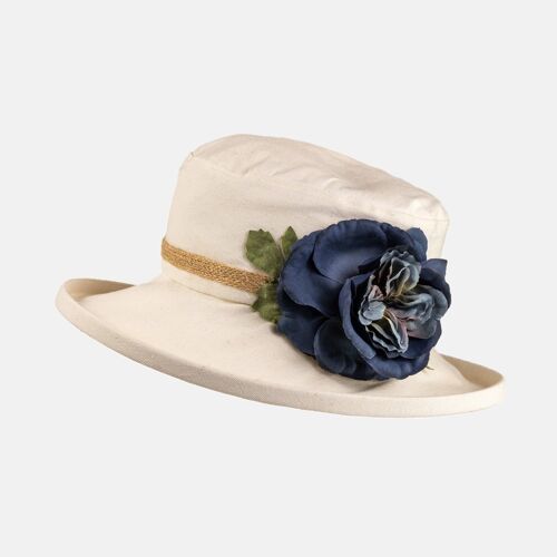 Cream Boned Hat with Flower Decoration - Navy
