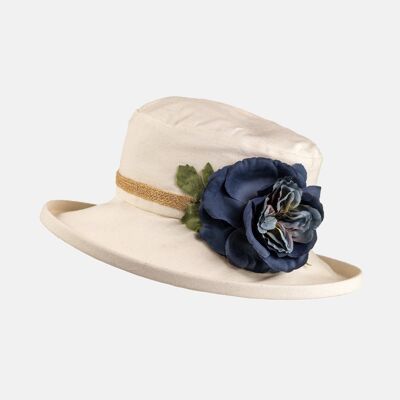 Sombrero deshuesado crema con decoración floral - Azul marino