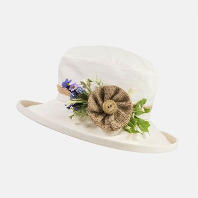 Chapeau désossé crème avec décoration florale - Bouton de jute