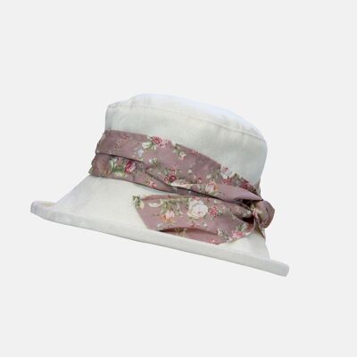 Cream Damask Pattern Boned Hat with Floral Sash - Pink