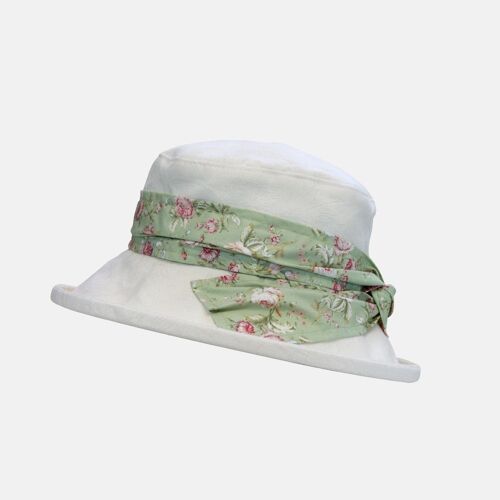 Cream Damask Pattern Boned Hat with Floral Sash - Green