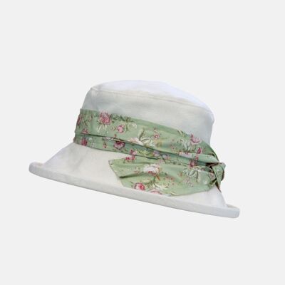 Chapeau désossé à motif damassé crème avec ceinture florale - Vert
