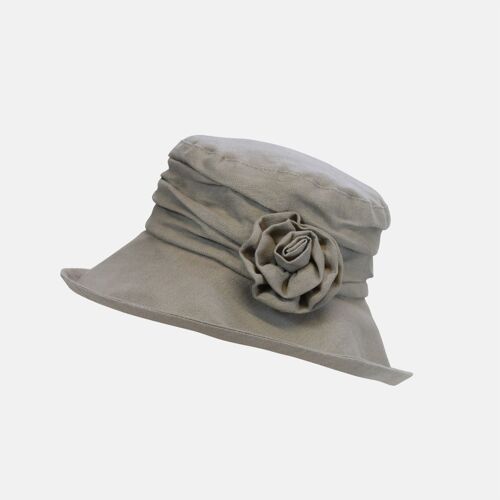 Linen Cloche Hat with Flower Brooch - Cool Beige