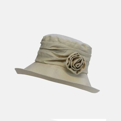 Chapeau Cloche en Lin avec Broche Fleur - Ivoire