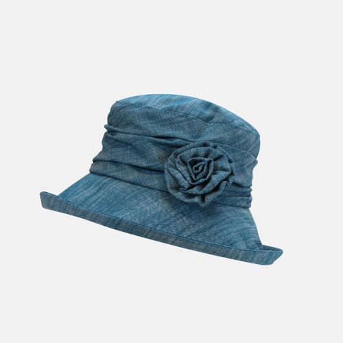 Linen Cloche Hat with Flower Brooch - Turquoise