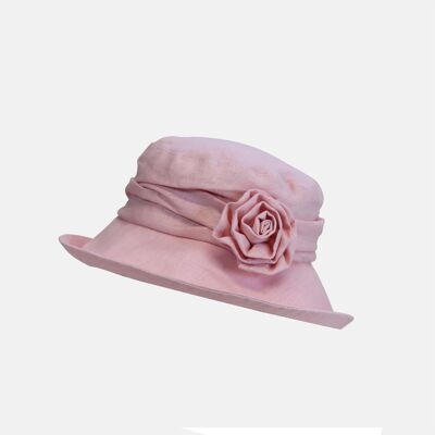 Linen Cloche Hat with Flower Brooch - Pink