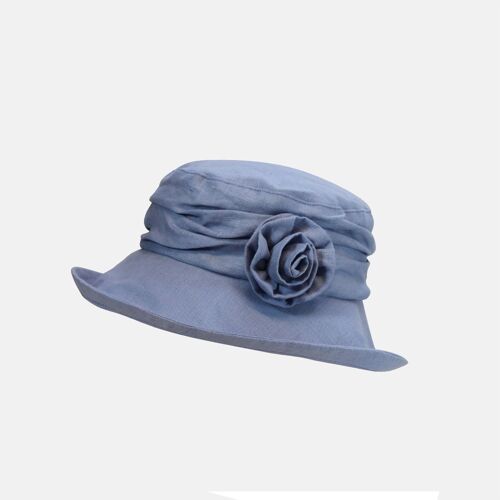 Linen Cloche Hat with Flower Brooch - Blue
