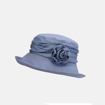 Chapeau Cloche en Lin avec Broche Fleur - Bleu