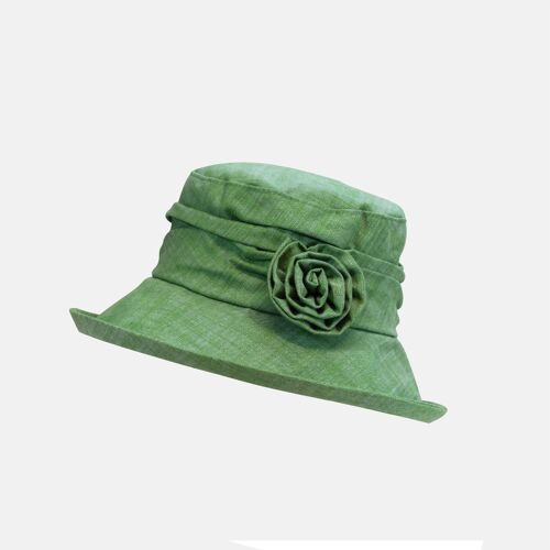 Linen Cloche Hat with Flower Brooch - Lime