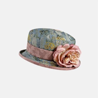 Small Brim Brocade Hat with Flower Decoration