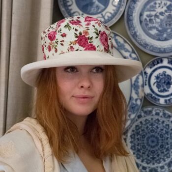 Chapeau de Soleil Floral en Coton avec Bord Désossé - Rose 2