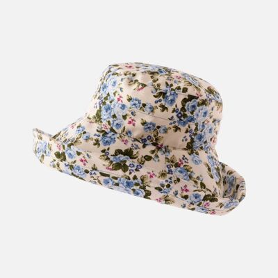 Sombrero de ala ancha de algodón con flores - Azul