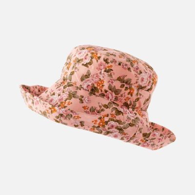 Sombrero de ala ancha de algodón con flores - Coral