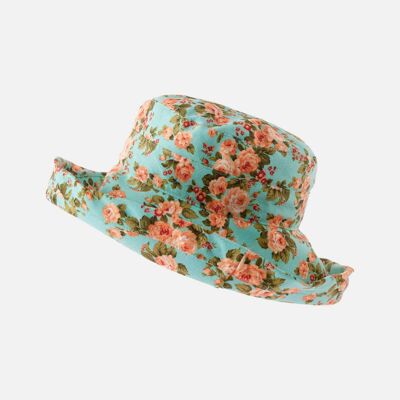 Large Brim Cotton Floral Hat - Turquoise
