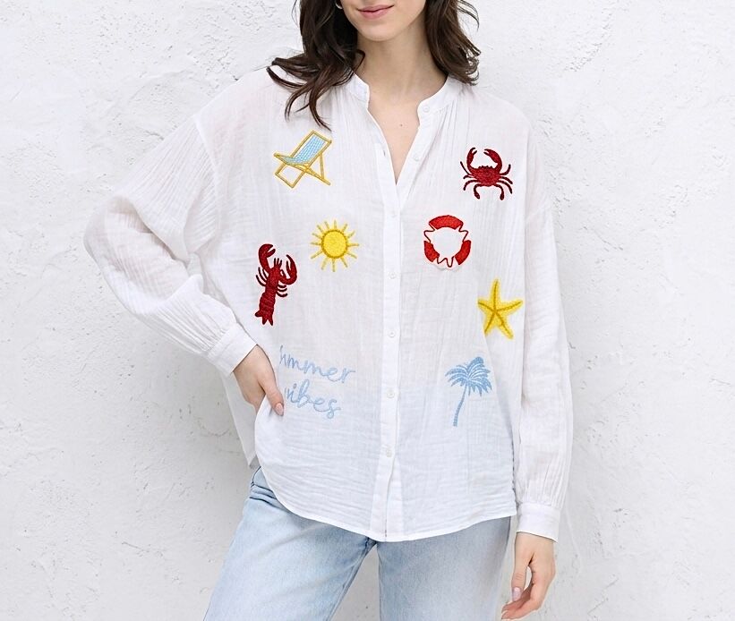 Bohemian loose-fitting shirt with long sleeves, mandarin collar, and colorful summer embroidery