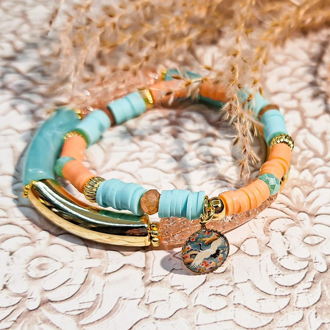 2 matching bracelets with heishi beads, tube design, Japanese crane motif, elastic band, Mother's Day Gift for Mom, Christmas Gift for Teacher