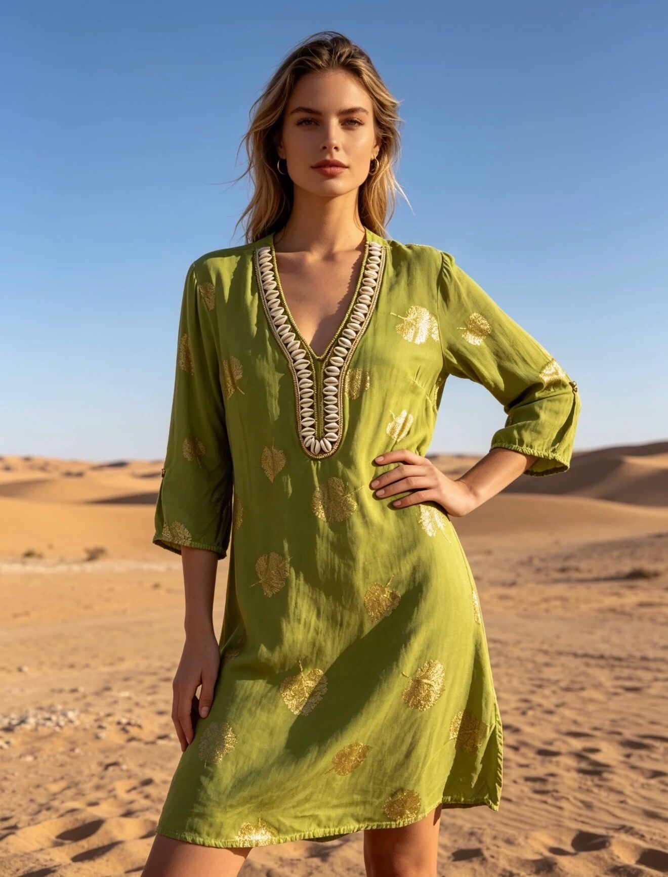 Mittellanges Kleid mit Muschelstickerei und Golddruck