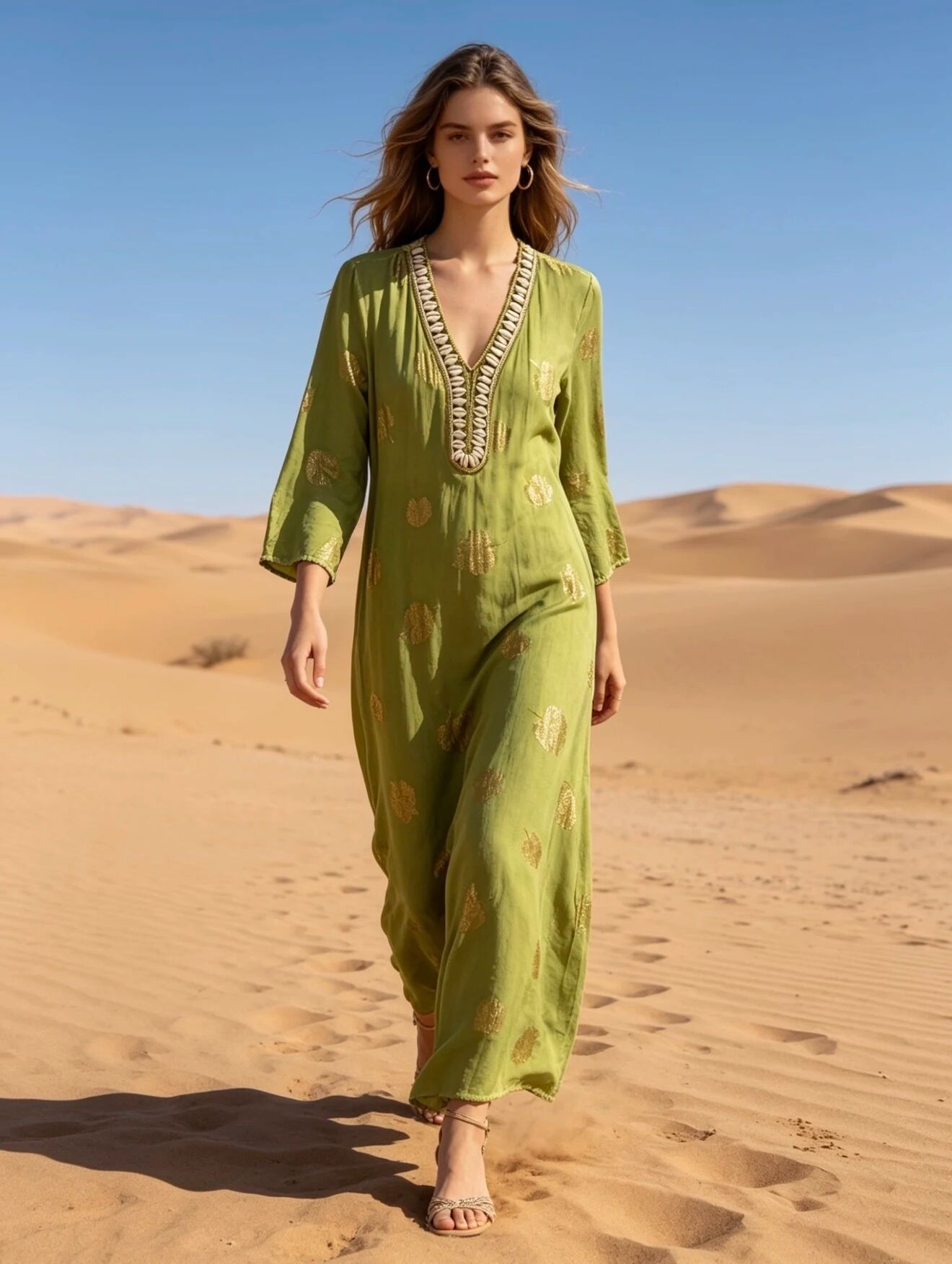 Langes Kleid mit Muschelstickerei und Golddruck