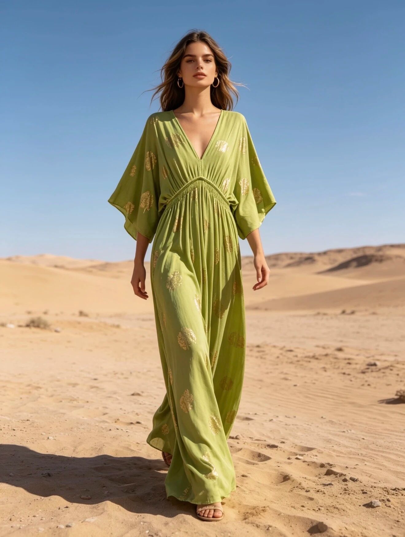 Fließendes Maxikleid mit goldfarbenem Print und Fledermausärmeln