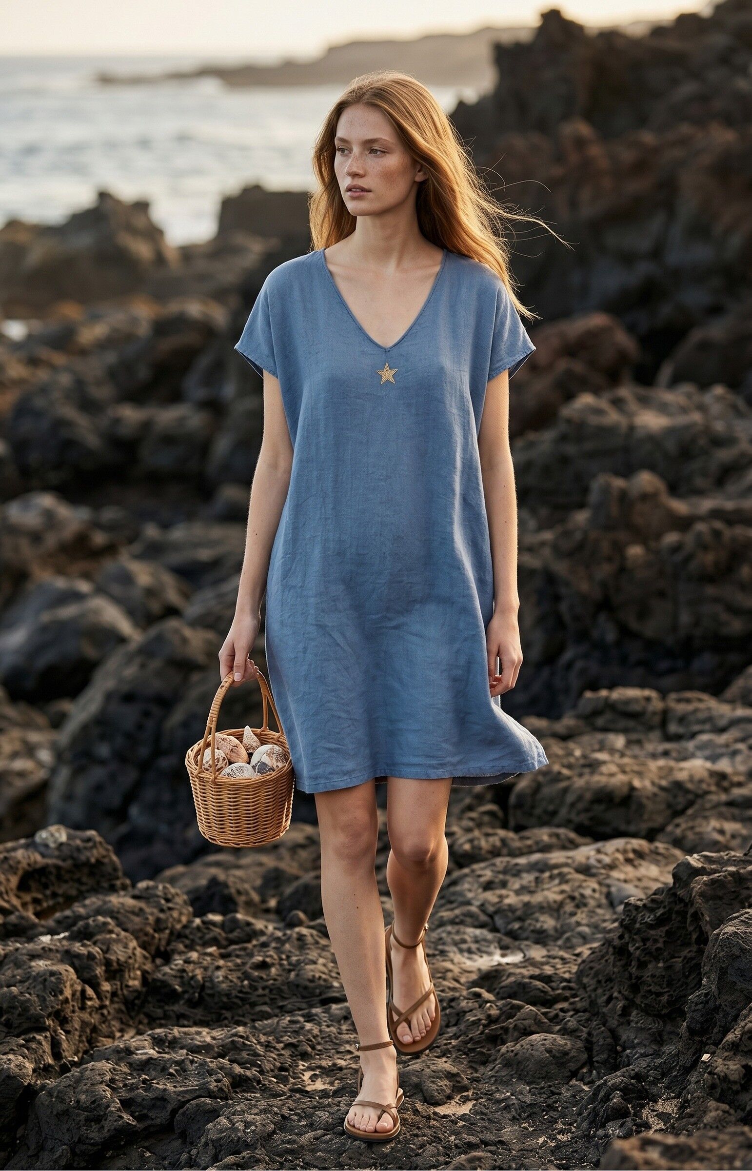 Star-patterned linen and viscose tunic dress