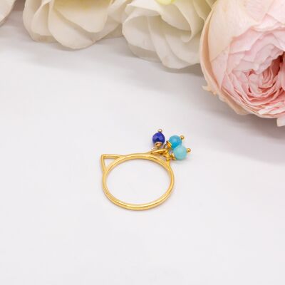Cat ring: silver gilded with fine gold, apatite and lapis lazuli