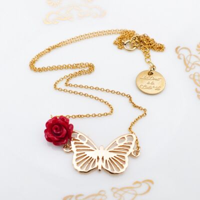 Butterfly necklace with red flower