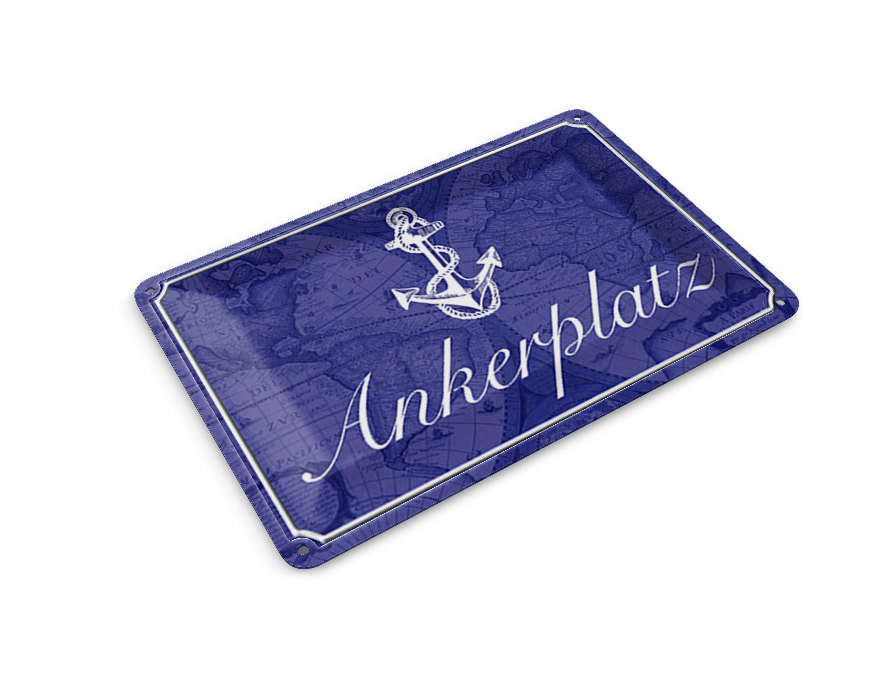 Tin postcard with saying, 14x10 cm, anchorage, anchor, sailboat, decorative sign