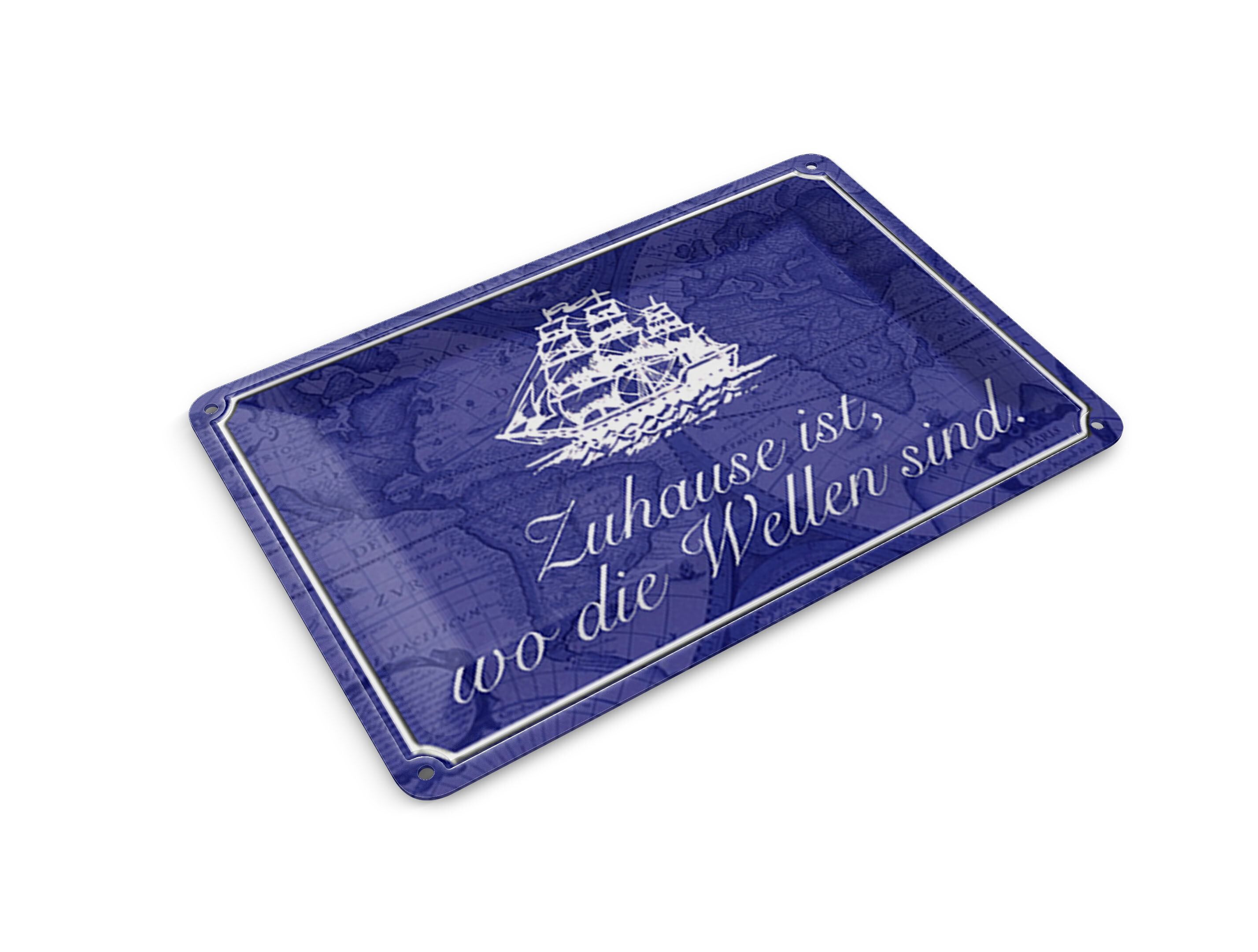 Tin postcard with saying, 14x10 cm, "Home where the waves...", sailor decoration sign