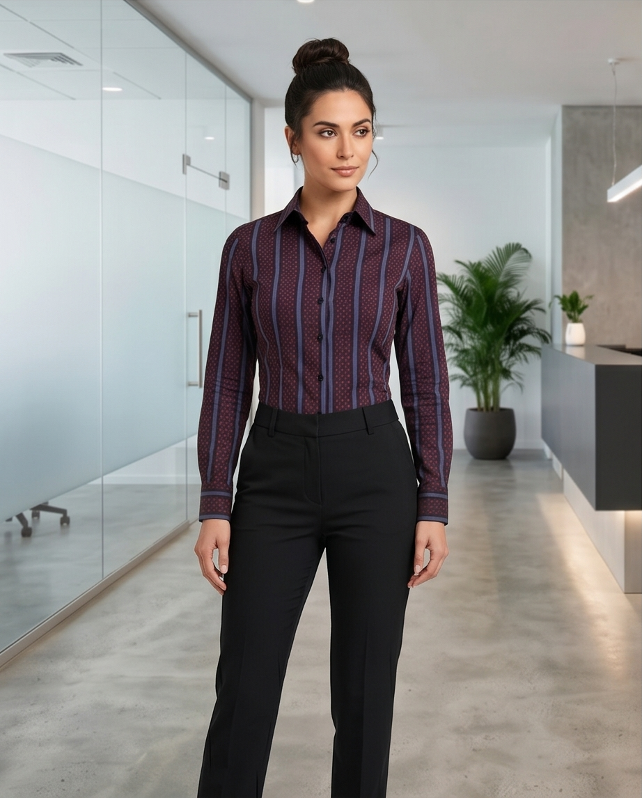 Chemise cintrée en coton à rayures bordeaux et bleues