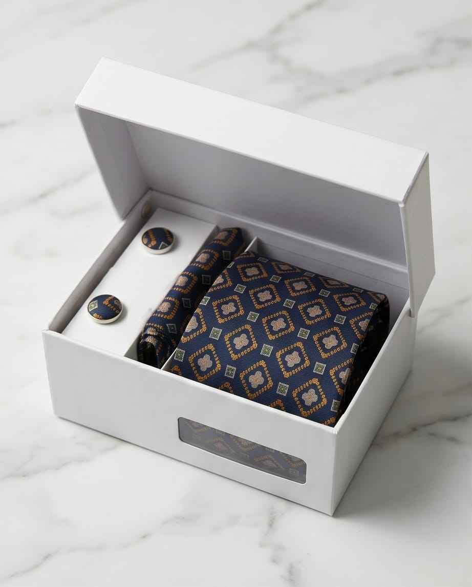 Conjunto de corbata geométrica azul marino y dorado con gemelos a juego.