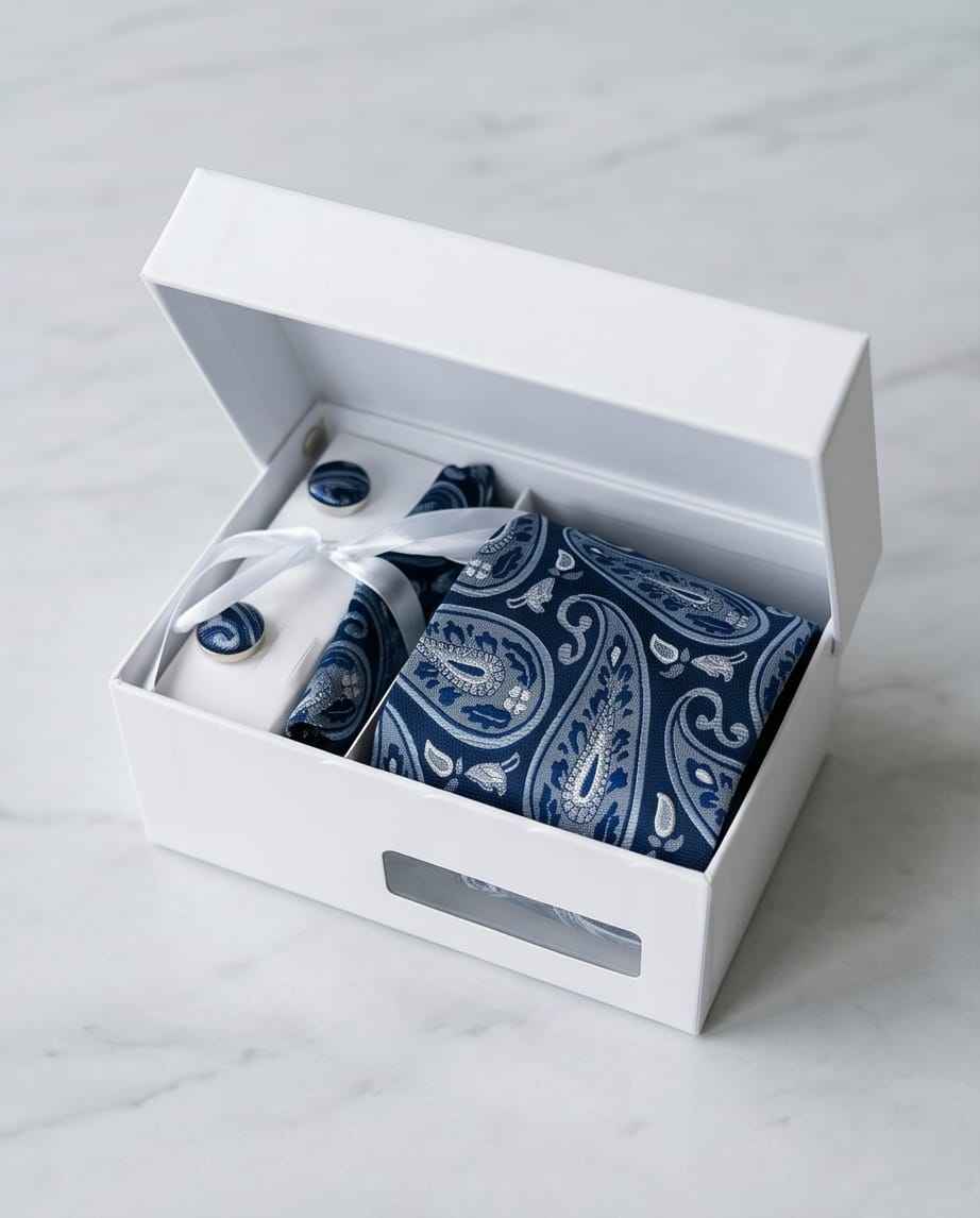 Cravatta blu navy con motivo paisley, fazzoletto da taschino e gemelli abbinati.