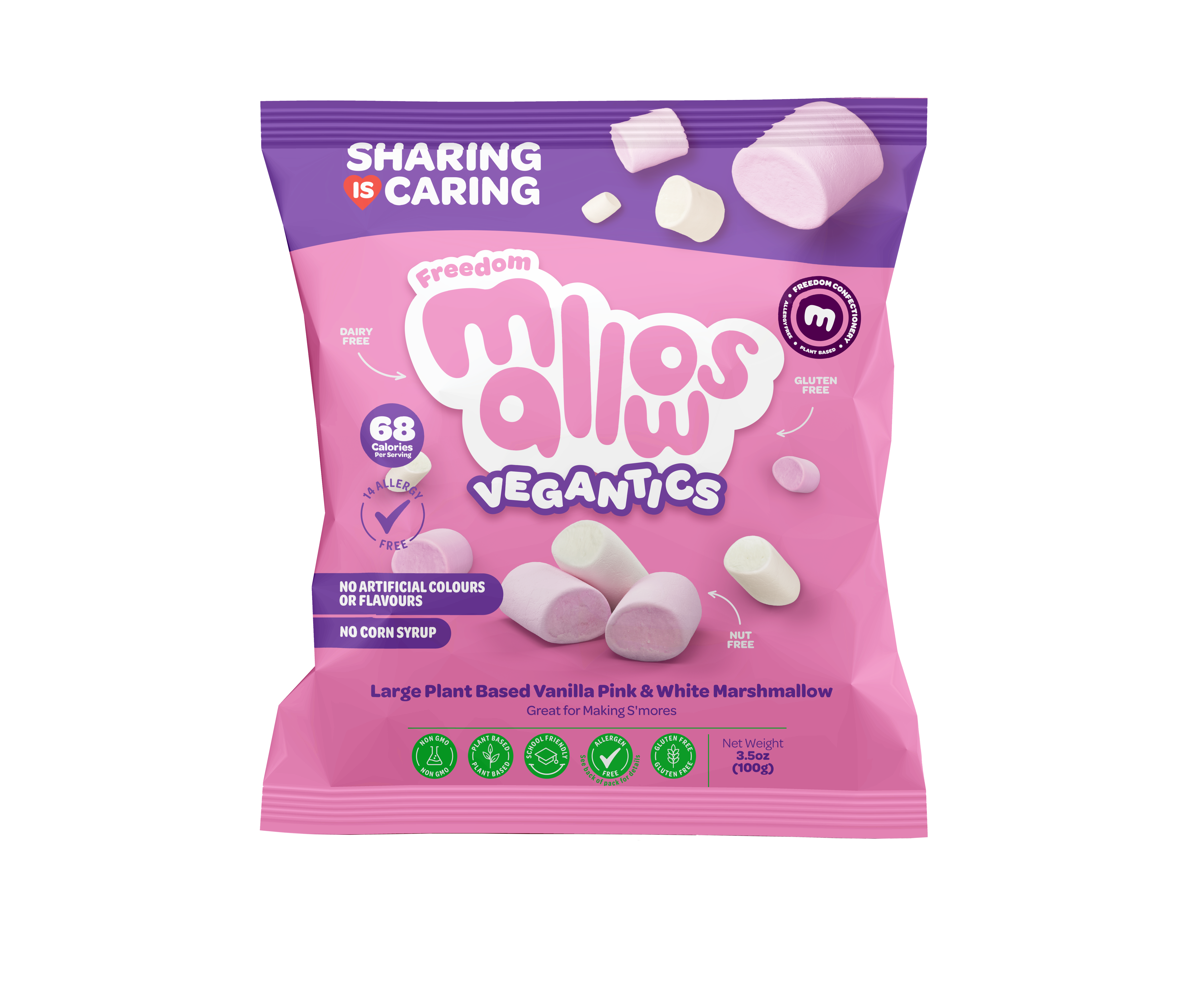 Freedom Mallows – Vegantics Kissenpackung – Vanille-Marshmallows auf pflanzlicher Basis; Frei von den 14 häufigsten Allergenen, Halal-zertifiziert, Koscher & PKU-geeignet