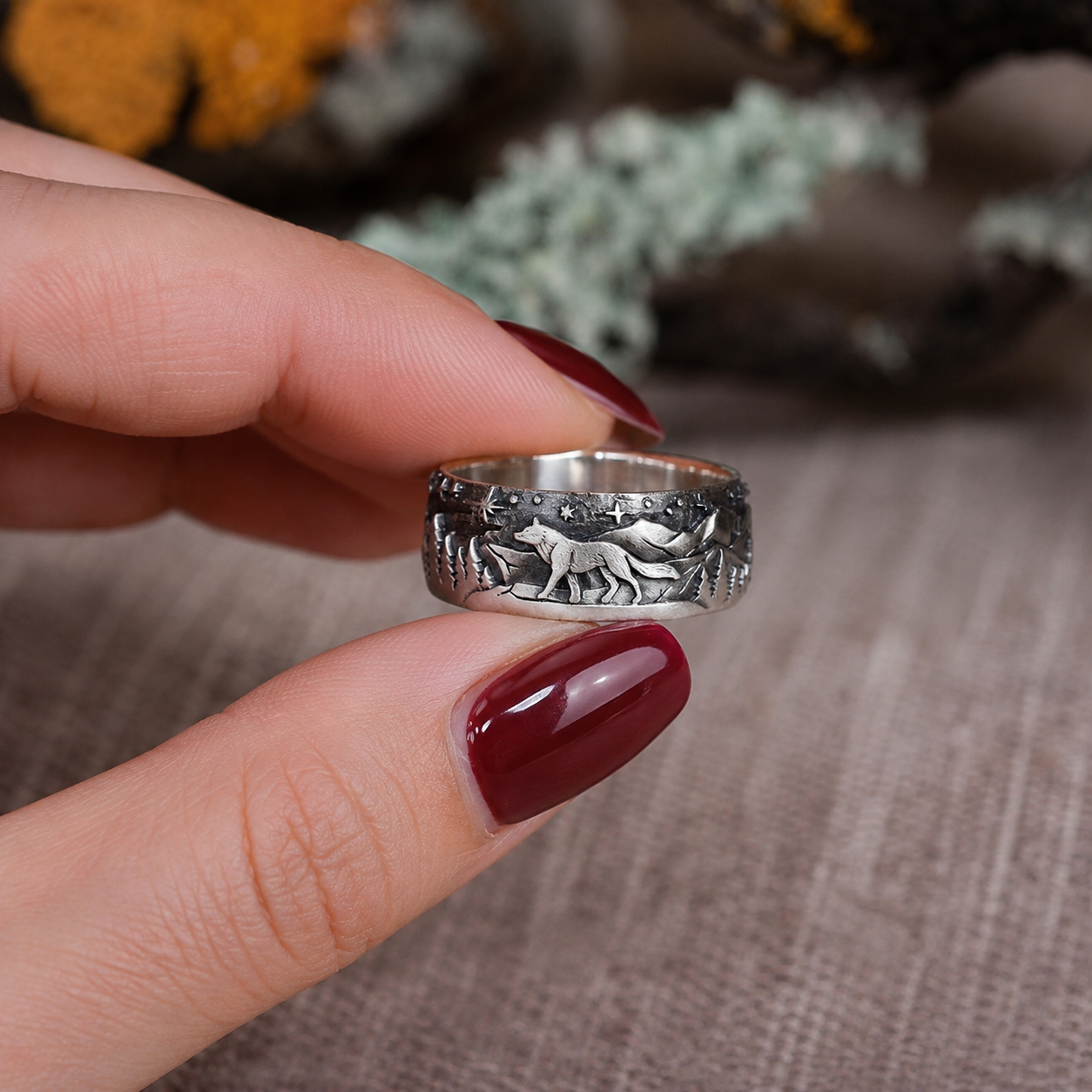 Silver Ring with Engraved Wolf