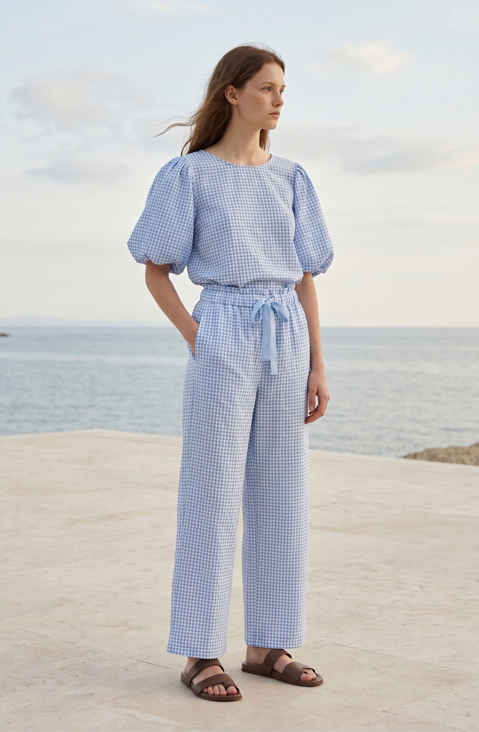 Wide-leg gingham trousers