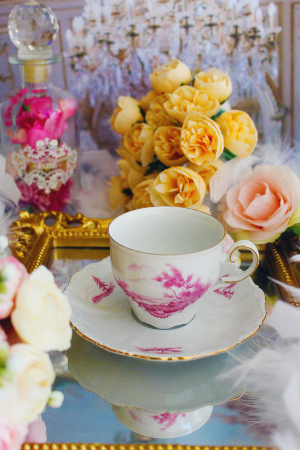 Bavarian porcelain teacup with toile de jouy pattern