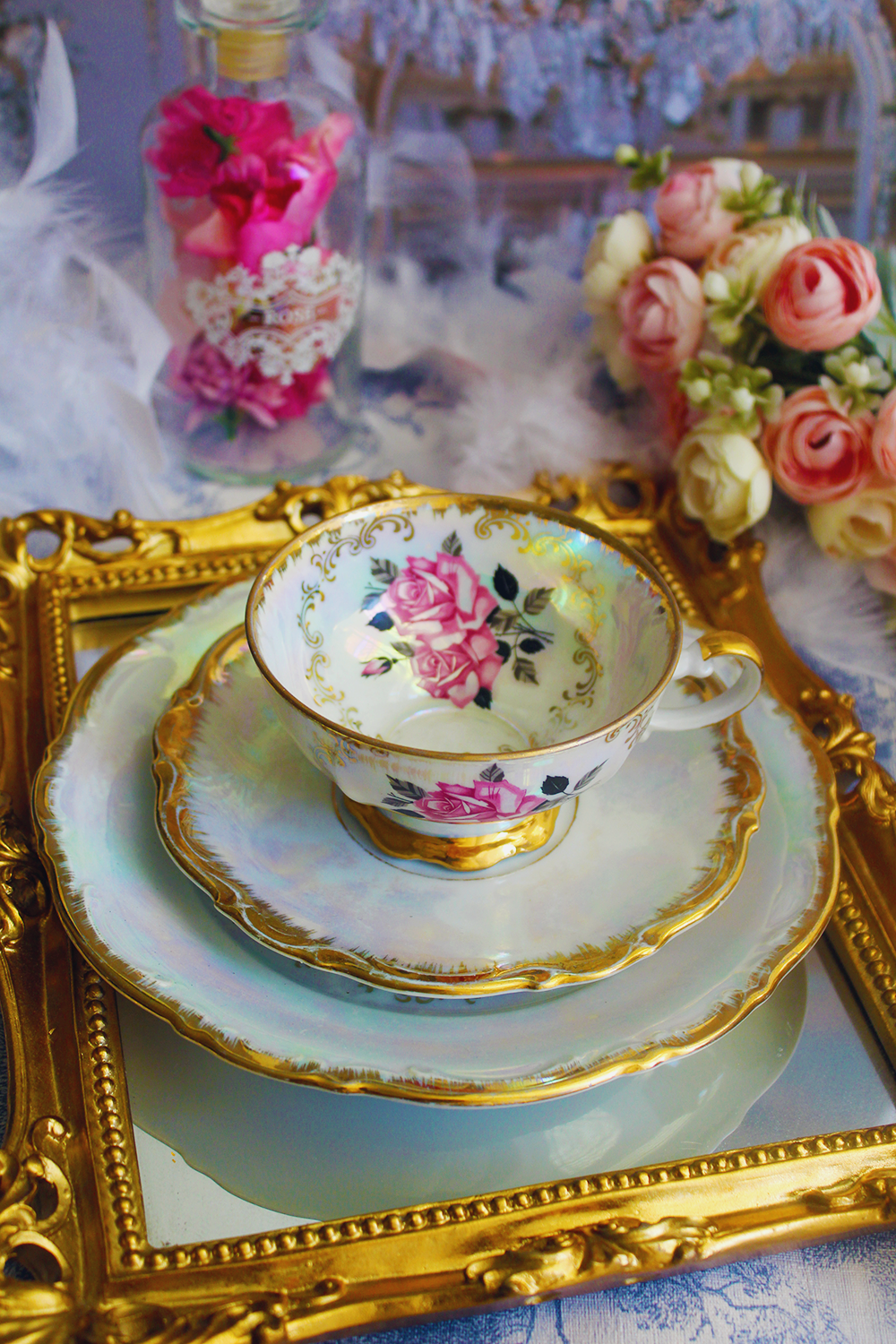 Trio of porcelain tea time pieces - The Radiance of Pearly Roses