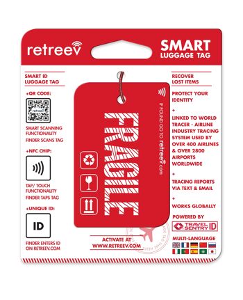 Retreev™ Étiquette de bagage intelligente | Technologie NFC et code QR avec messagerie sécurisée - Fragile 3