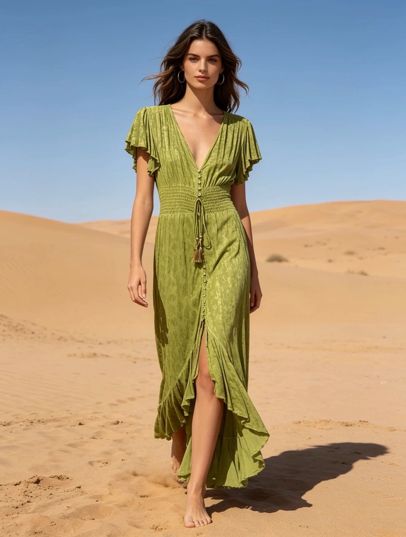 Asymmetrisches Kleid mit Golddruck, V-Ausschnitt und Knopfleiste vorne