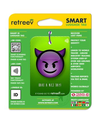 Retreev™ Étiquette de bagage SMART | Étiquettes de code QR NFC avec messagerie sécurisée - Emoji Devil 3