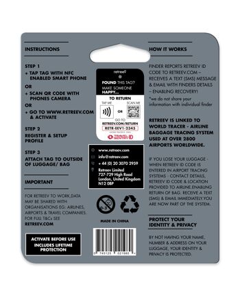 Retreev™ Étiquette de bagage SMART | Étiquettes de code QR NFC avec messagerie sécurisée - Cat 4