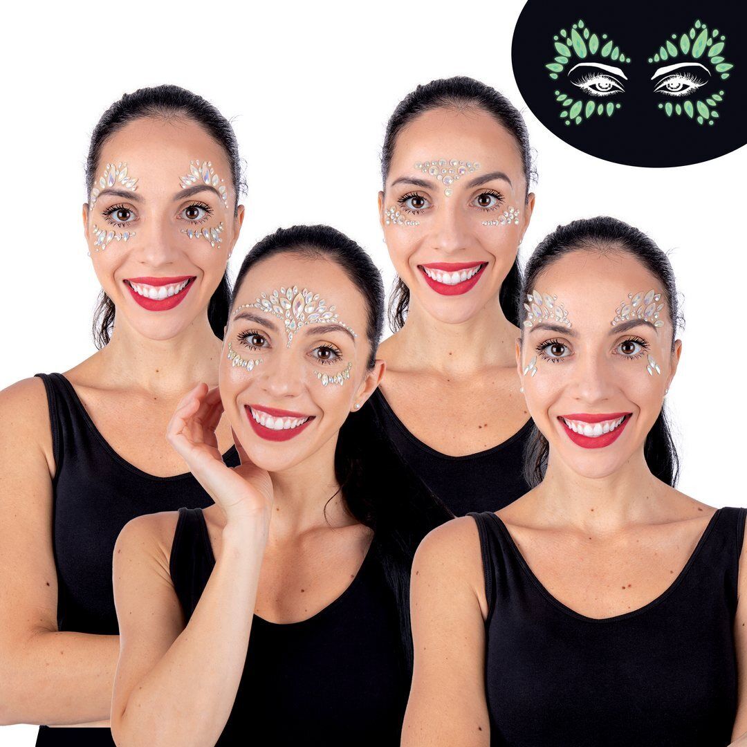 Self-adhesive rhinestone face stickers - phosphorescent, random design