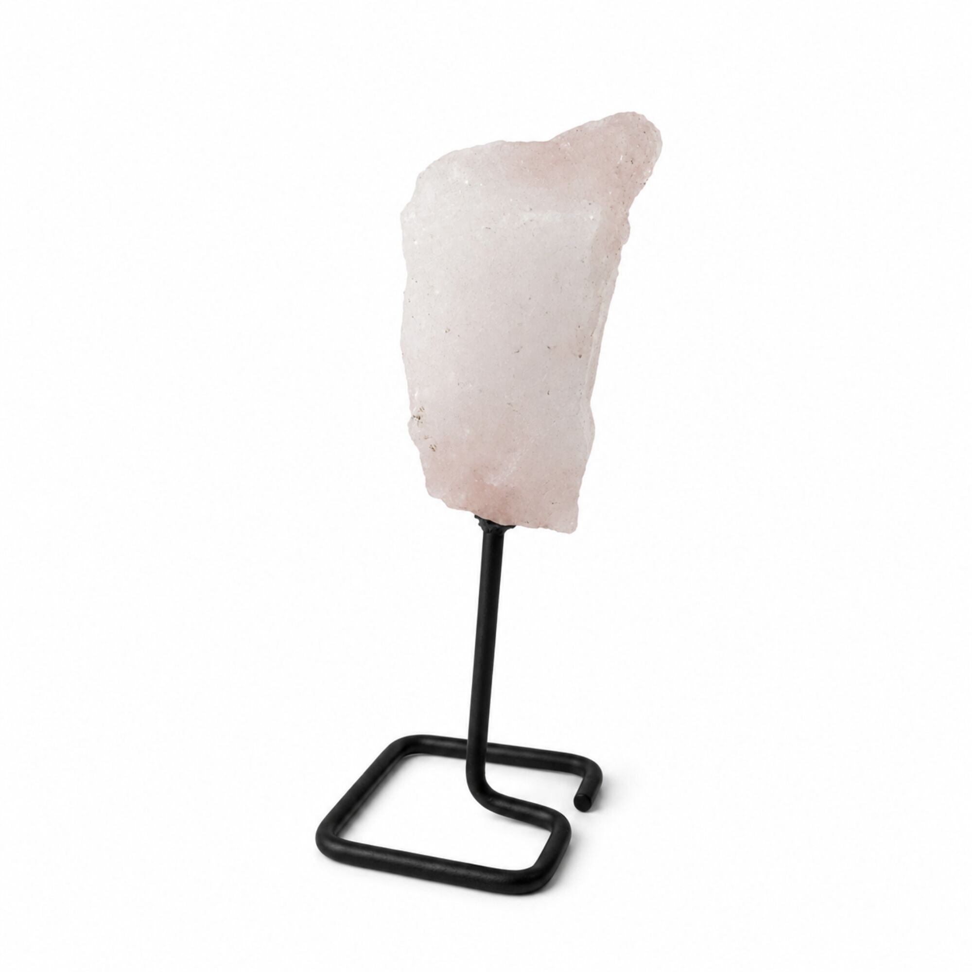 3x Ejemplares minerales en soporte metálico: Cuarzo rosa