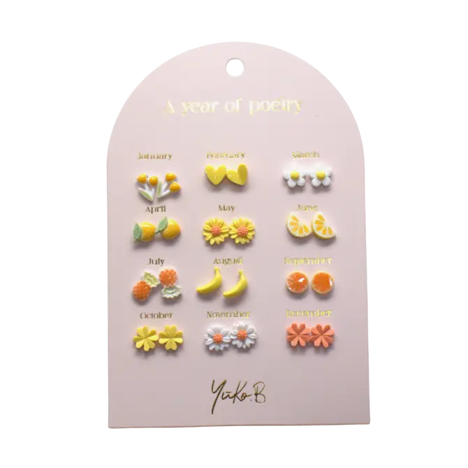 Card of 12 Earrings - Yellow - English